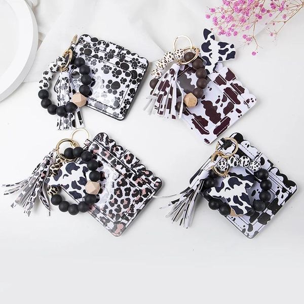 Llaveros Bull Silicone Bead Pulsera Llavero Cuero Leopardo Estampado Borla Billetera ID Titular de la tarjeta Mujeres Joyería Regalo