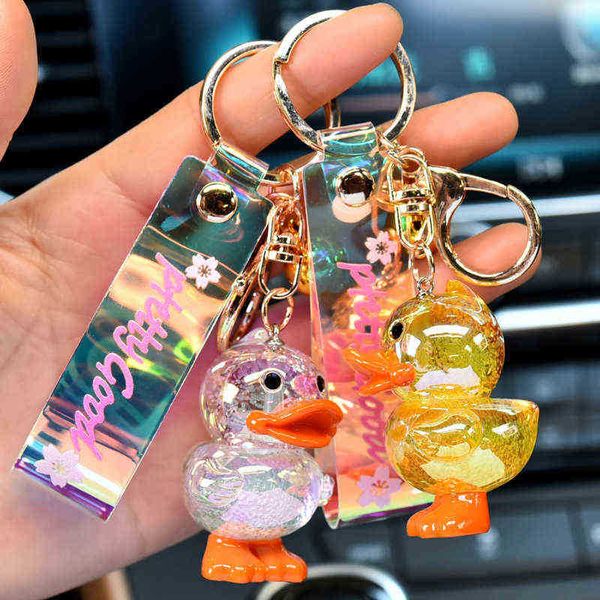 Porte-clés Cartoon Acrylique Mignon Cristal Petit Canard Porte-clés Coloré Petit Canard Jaune Sakura Corde En Cuir Poupée Sac Pendentif Bijoux Cadeaux T220909