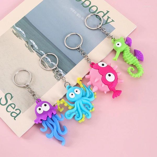 Llaveros Dibujos animados creativo PVC pareja llavero pez marino pulpo sepia caballito de mar llavero mujeres hombres coche mochila anillo adornos