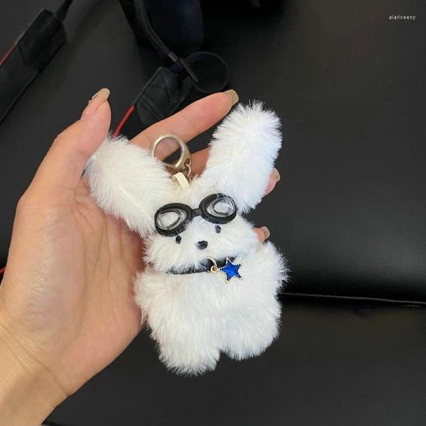 Porte-clés Pilote de dessin animé Lapin à poil long Animal Poupées mignonnes Sac Porte-clés Niche Peluche Clés Chaîne Sac à dos Pendentif Cadeau de fête d'anniversaire