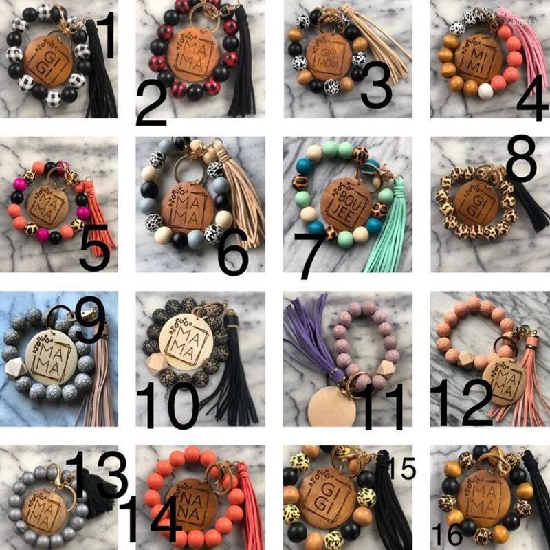 Keychains Cheetah Print houten kralen Bracelet Mama Polsel Tassel Bag Pendant