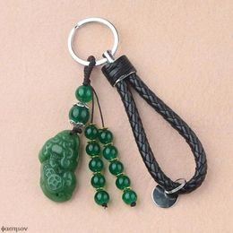 Porte-clés chinois Fengshui bête pierre naturelle chanceux Pixiu pendentif en cuir voiture porte-clés sculpté jade porte-anneau pour hommes