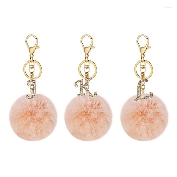 Llaveros Clásico Brillante Cristal 26 Letras Llavero A-Z Rhinestone Letra Inicial Llavero Con Piel Rosa Pom Mujer Bolso Decoración