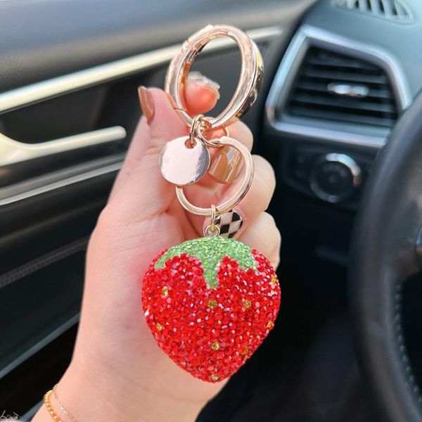 Porte-clés argile strass fraise rouge coeur porte-clés porte-clés pour femmes fille bijoux fruits mignon voiture porte-clés chaînes