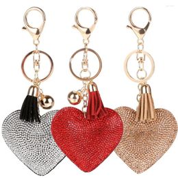 Llaveros Corazón colorido Llavero de diamantes de imitación completo Llavero de borla de cuero de PU para mujeres Titular de la llave del coche Regalo del día de San Valentín