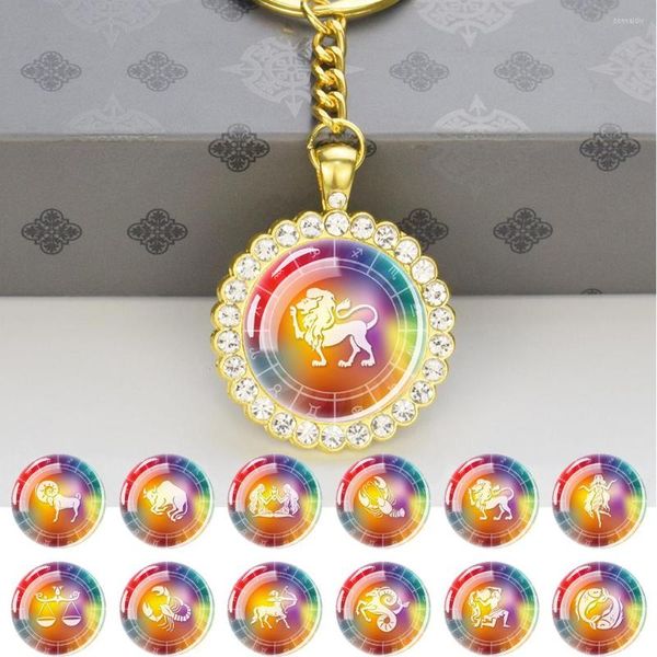 Porte-clés Constellation porte-clés pour filles brillant strass pendentif porte-clés signe du zodiaque verre Cabochon bijoux mignon cadeau