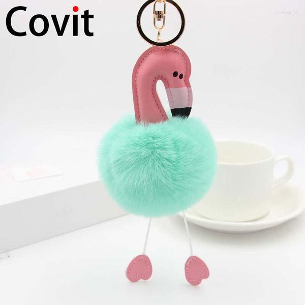 Llaveros Covit Flamingo llavero pluma bola pompón llavero creativo falso pelo felpa mujer bolso colgante hombres coche anillo regalo