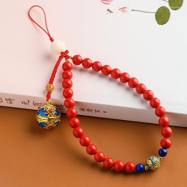 Porte-clés créatif cinabre téléphone portable pendentif court rouge chanceux cloisonné Sachets boule femmes Bracelet Bracelet