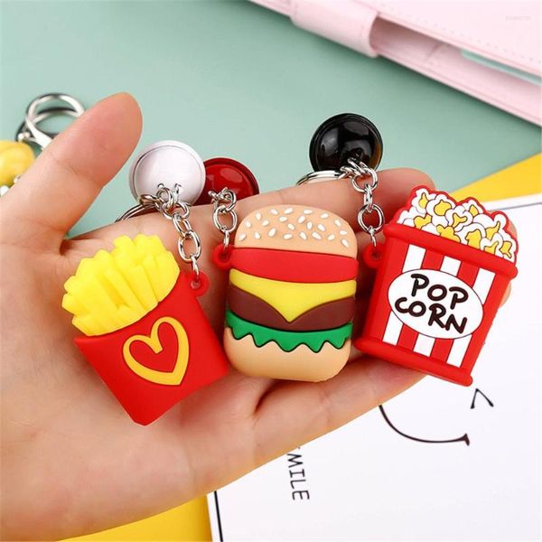 Porte-clés créatif Hamburger frites pop-corn porte-clés en silicone souple porte-clés pour femmes hommes sac pendentif anneaux de voiture