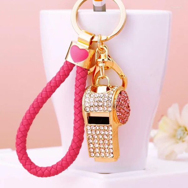 Llaveros Silbato creativo Llavero de coche con pulsera de PU Hebilla de metal Accesorios colgantes de diamantes de imitación Lindo llavero Mujer Bolsa Decoración