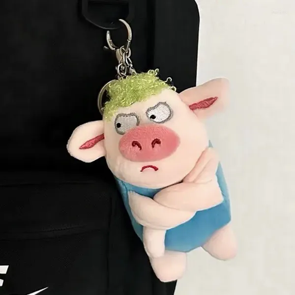 Porte-clés mignon animal porte-clés drôle vert cheveux peluche animaux en colère cochon poupée pendentif porte-clés voiture sac à dos décoration doux peluche jouet cadeau