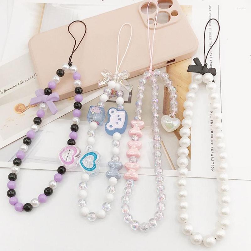 Keychains Cute Bear Bow Knot Mobile Rope Keychain Lanyard Phone Beaded Chain Handstring Pendant Wallet Strap Short Anti Drop Acrylic