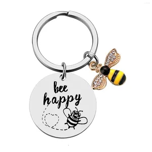 Keychains Cute Bee Happy Bumble snuisterijen Ronde Key Chain Ring roestvrij staal grappig humorcadeau voor vriendenfamilie