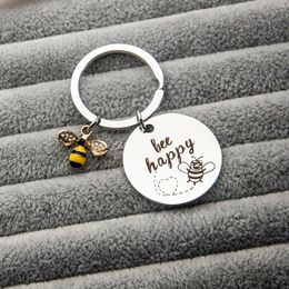 Keychains Lindo Bee Happy Key Chain Ring Roned Round Chram Jewelry Acero inoxidable Regalo de humor divertido para amigos Familia