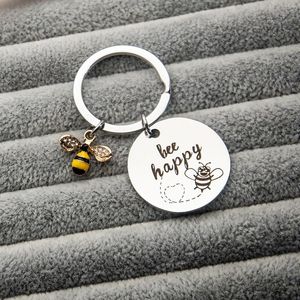 Keychains Cute Bee Happy Key Chain Ring Round Chram sieraden roestvrij staal grappig humor cadeau voor vriendenfamilie