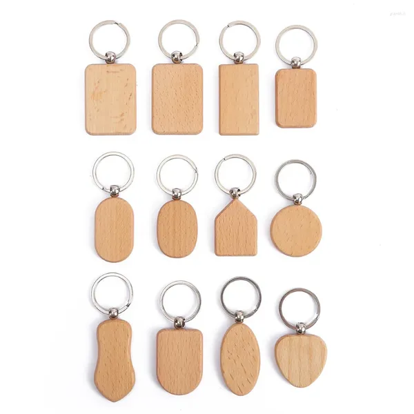 Llaveros lindo en blanco redondo rectángulo corazón natural llavero de madera DIY grabar etiquetas de madera accesorios llavero fiesta regalos hechos a mano suministro