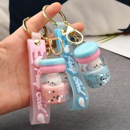 Porte-clés mignon bulle thé chat porte-clés créatif lait tasse à thé liquide cristal mouvant paillettes acrylique femmes sac pendentif