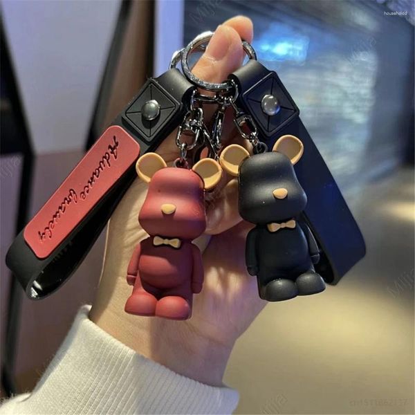 Porte-clés mignon dessin animé ours porte-clés avec lanière en silicone porte-clés de voiture pour femmes pendentif anneaux fille couple ami cadeau