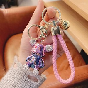 Porte-clés mignon électroplaqué ours porte-clés avec corde en cuir tissé pendentif animal porte-clés mode poupée sac auto anneau pour les filles cadeau