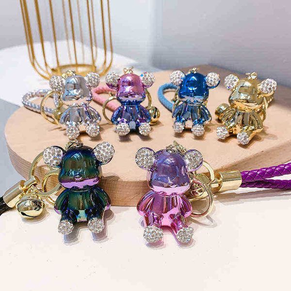 Porte-clés mignon porte-clés d'ours électroplaqué avec pendentif en corde en cuir tissé porte-clés animal mode sac de poupée porte-clés automatique pour les filles cadeau T220909