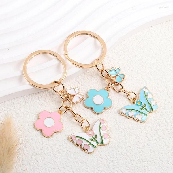 Keychains lindo esmalte encantador mariposa voladoras flores de insectos plantas anillos clave para amantes regalo de regalo joyas hechas a mano