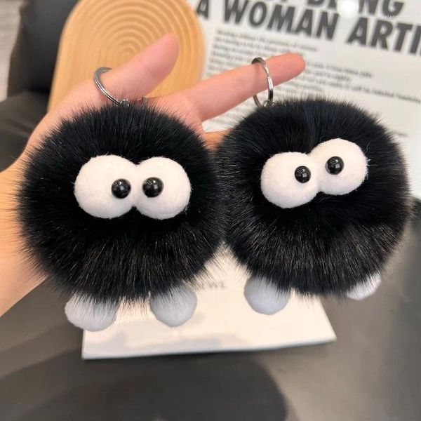 Porte-clés mignon moelleux fourrure de renard noir petite boule de charbon voiture porte-clés en peluche pompon sac à main pendentif cadeau véritable porte-clés pour clés