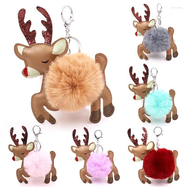 Porte-clés mignon renne moelleux porte-clés boule de fourrure artificielle Pom chaînes noël cerf sac animal charmes bibelot anneau de voiture