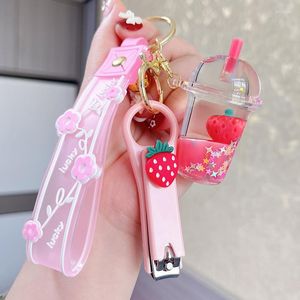 Keychains schattig voor meisjes nagelschaar hangroze roze aardbeien sleutelhanger auto sleutel rugzak zwevende flessen kettingen cadeau