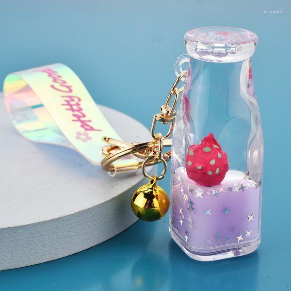 Porte-clés mignon gelée cuir corde dans l'huile flottant fruits fraise yaourt bouteille pendentif fille sac acrylique porte-clés bijoux Miri22