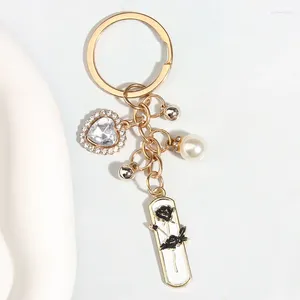 Keychains mignon Keychain Heart Crystal Pearl Rose Flower Key Ring Enamel Chains For Women Girls Handbag Accessoire Bijoux DIY Cadeaux