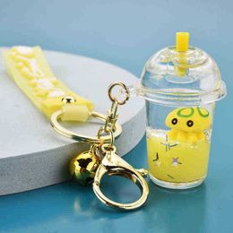 Keychains schattige marien dier acryl vloeibare drijvende flessen auto sleutelhanger cartoon octopus in oliemelk thee beker sleutelhanger hanger sieraden t220909