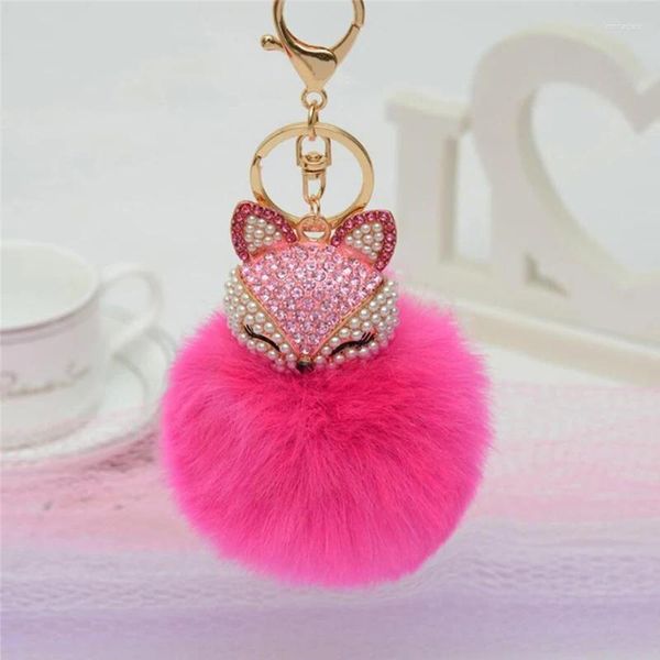 Llaveros lindo mini bola de piel llavero mullido falso pompón llavero Rhinestone perla colgante para mujer bolsa decoración