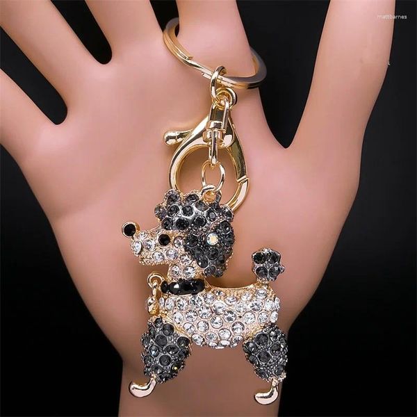 Keychains Migne Poodle Dog Keychain Femmes Hommes Rignestone Metal Gold Color Animal Puppy Anneau Sac charme Bijoux Chaveiro K5333S1