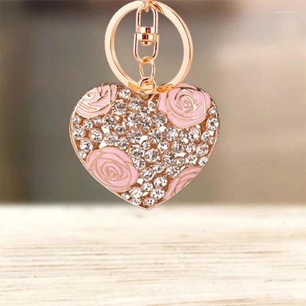 Llaveros Lindo Rhinestone Cristal Forma de corazón Rosa Rosas Llavero Símbolo de amor Flor Llavero Anillo Titular Llavero colgante