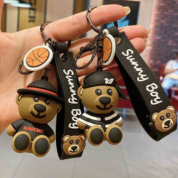 Llaveros Lindo sentado oso con sombrero muñeca llave dibujos animados niño coche personalizado mochila colgante regalo