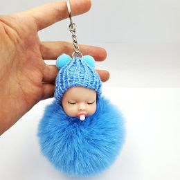 Sleutelhangers Schattige Slapende Baby Fluffy Pompom Pluche Pop Hangende Hanger Sleutelhanger Sleutelhanger Keychai