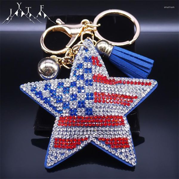 Porte-clés mignon étoile forme sac de voiture accessoires brillant cristal alliage strass gland porte-clés drapeau national américain porte-clés bijoux cadeau