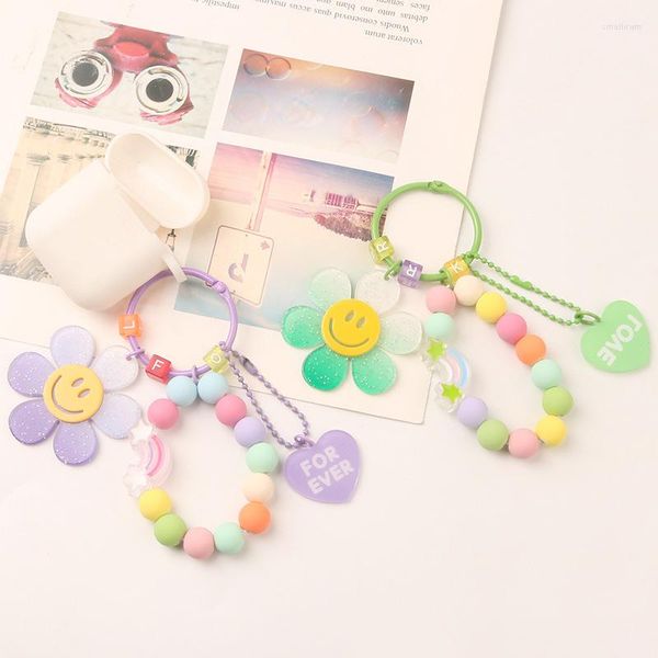 Porte-clés mignon tournesol Pendnat pour femmes Style coréen sac porte-clés coloré perlé Bracelet porte-clés accessoires écouteur