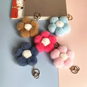 Porte-clés mignon doux rose bleu fleurs de fourrure porte-clés pour femmes bibelot anneau sac de voiture pendentif charme