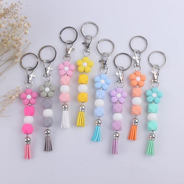 Porte-clés Design Silicone Porte-clés Couleur vive Perles de fleurs Bracelet Charme avec sac à pompon Pendentif Idées Cadeau pour elle 2023