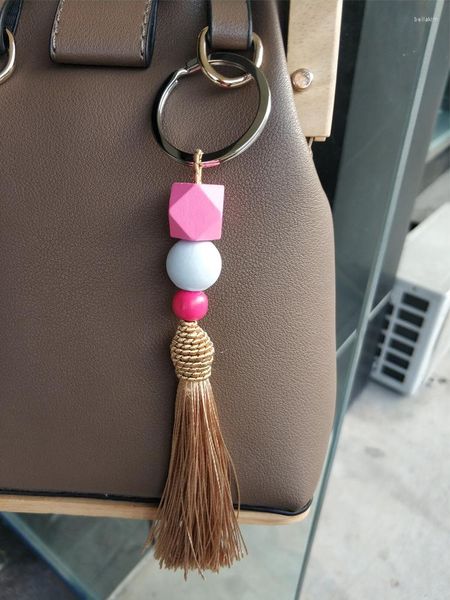 Porte-clés bricolage à la main glands porte-clés à carreaux motif à carreaux multicolore géométrique rond perles en bois porte-clés pour sac cadeau personnalisé