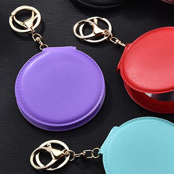 Porte-clés Double face résistant à la saleté en cuir Pu pendentif cadeaux miroir de maquillage petit porte-clés rond poche pliante