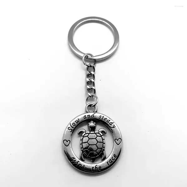 Porte-clés Double face rond en métal tortue message texte pendentif porte-clés