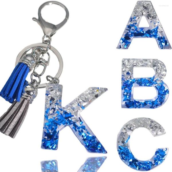 Porte-clés Double gland A-Z lettre initiale porte-clés bleu argent couleur débris remplir anneau de résine pour femmes fille sac à main ornement