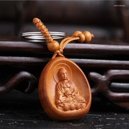 Porte-clés Drop 2023 Peach Wood Sculpture Porte-clés Bouddhisme Bouddha Pendentif Statue Présent Porte-clés de voiture