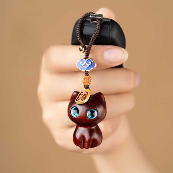 Llaveros Ébano Lindo Anime Cat Llavero para mujeres Hombres Teléfono móvil Bolsa Cadena Colgante de madera Campana Accesorios de joyería hechos a mano Llaveros G221026