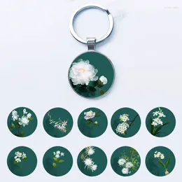 Keychains Elegant and Holy White Flower Round Verre Chains de peinture de plantes Planche Plant Métal Bijoux de base Gift For Girls Fhl636