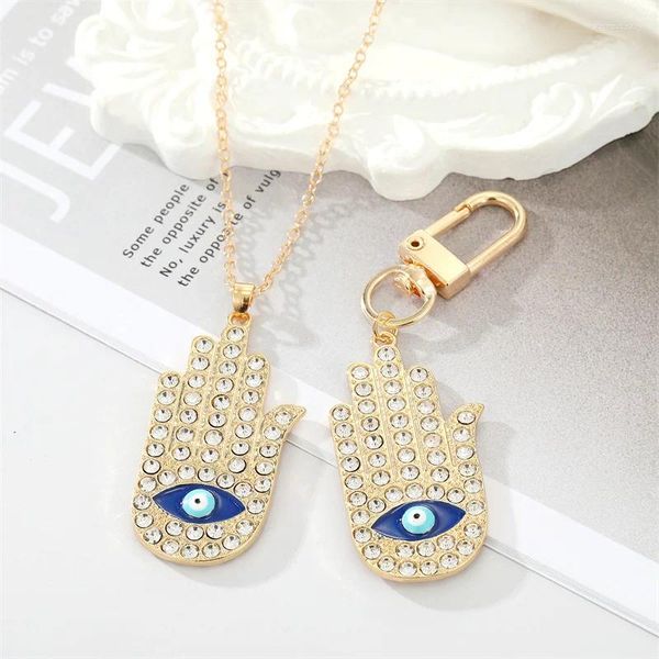 Keychains ENAMEL Zircon Blue Eye Hand Hamsa Keychain Key Ring pour femmes hommes Punk Evil Fatima Sac voiture Airpods Box Accessoires