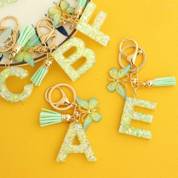 Keychains Lettre anglaise Sequins Green Crystal Gel Drop Bijoux Scale de poisson Sac Tassel Hanging Girl Gift for Women Resin Key Chain