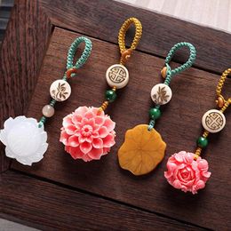 Keychains Ethnic Natural Bodhi Lotus Peony Flower Keychain Klassieke handgemaakte stenen kralen Braid Rope Key Chain For Women Sieraden Gift